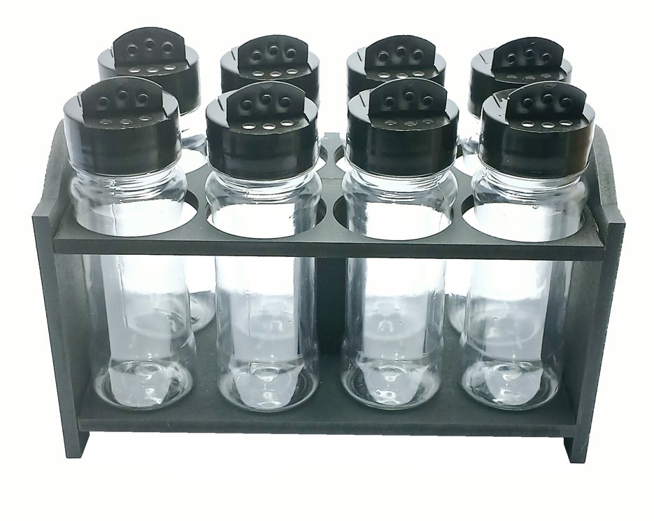 1 Porta Tempero Mdf Preto 8 Frasco 120ml Cristal Tampa Flipt - Imagem 2