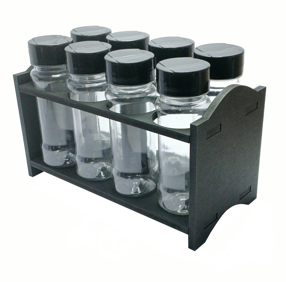 1 Porta Tempero Mdf Preto 8 Frasco 120ml Cristal Tampa Flipt