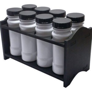 2 Porta Temp Mdf Preto 8 Frasco 120ml Branco Rosca S/ Lacre