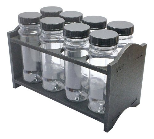 1 Porta Temp Mdf Preto 8 Frasco 120ml Cristal Rosca S/ Lacre