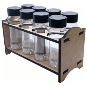 1 Porta Tempero Mdf Cru 8 Frasco 120ml Cristal Tampa Fliptop