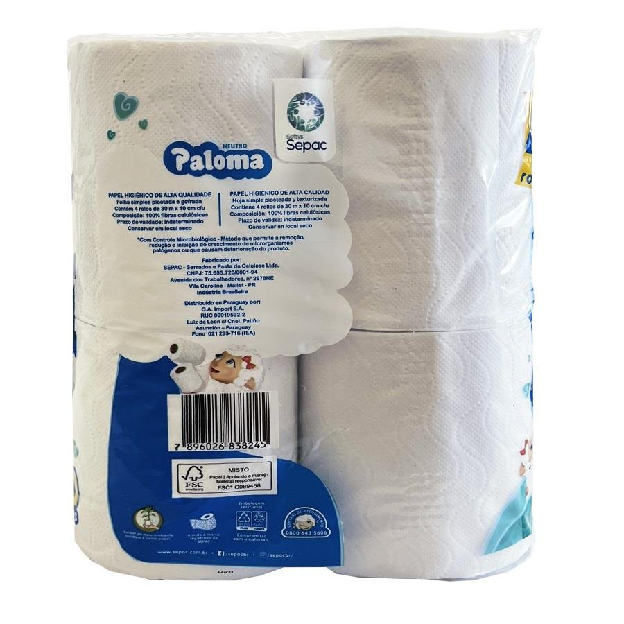 1 FARDO 16 PCT PAPEL HIGIÊNICO PALOMA FOLHA SIMPLES 4 ROLOS - Imagem 3